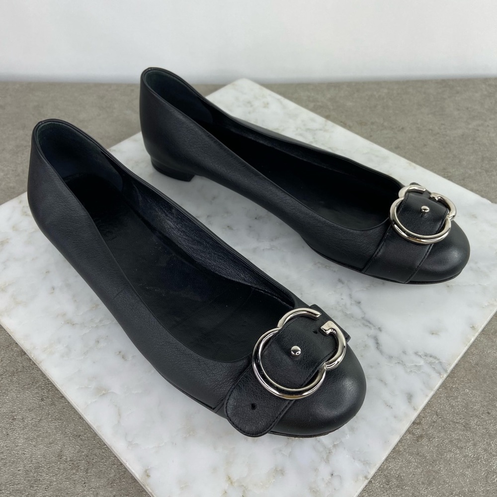 Gucci Sachalin Black Leather Logo Ballet Flats